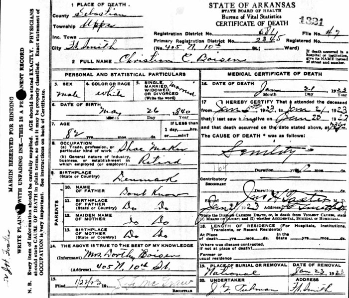 Christian Boisen Death Certificate